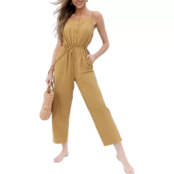 imageCUPSHE Women Spaghetti Strap Casual Jumpsuit Button Front Sleeveless Straight Leg Romper with PocketsBuff