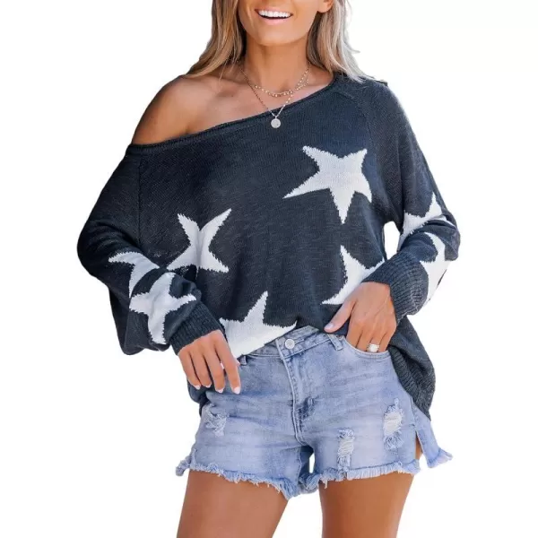 imageCUPSHE Women Star Print OneShoulder Sweater Ribbed Trim Long Dolman SleevesNavy