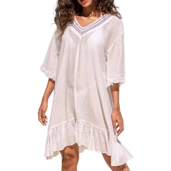 imageCUPSHE Women Stitching VNeck Flounce CoverUp Dress Short Sleeves Cover Ups Casual Beach SummerWhite