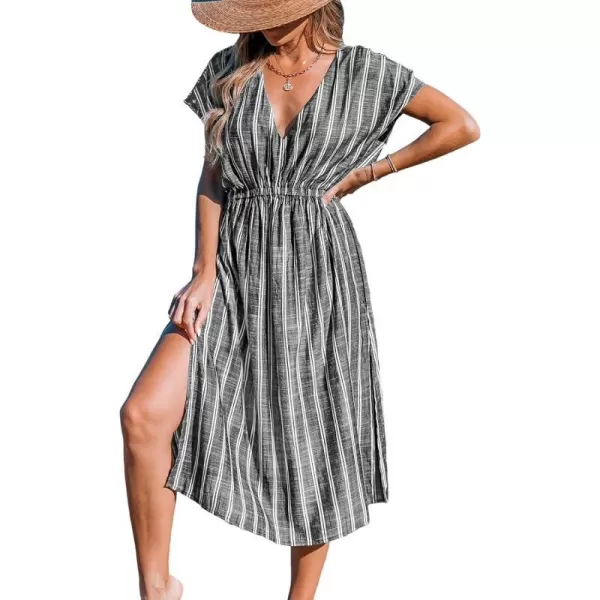 imageCUPSHE Women Striped Midi CoverUp Dress Short Sleeves Sexy Beach Cover Up Casual SummerBlack