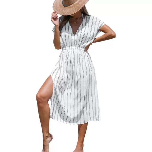 imageCUPSHE Women Striped Midi CoverUp Dress Short Sleeves Sexy Beach Cover Up Casual SummerWhite