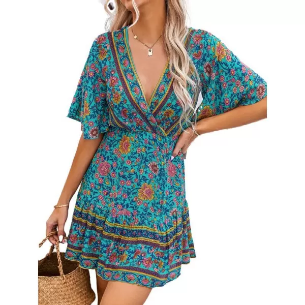 imageCUPSHE Women Summer A Line Flare Floral Dress V Neck Short Sleeve Mini Casual Beach Boho Dress BlueBlue