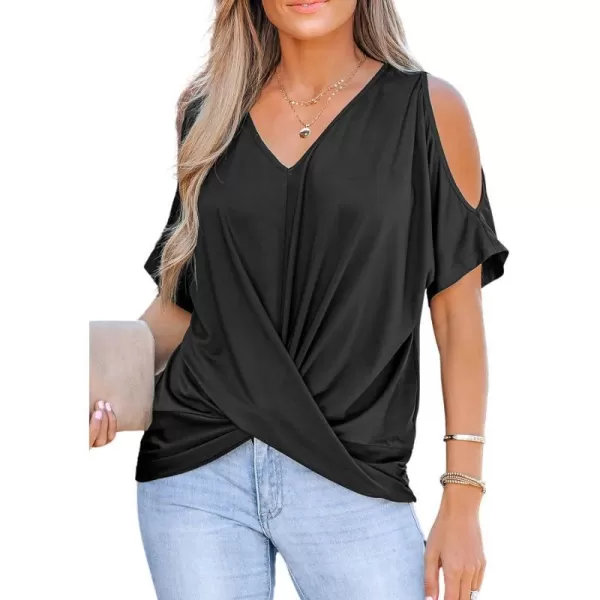 imageCUPSHE Women Summer Cold Shoulder Twisted Front Tops Short Sleeve VNeck Blouses TopBlack