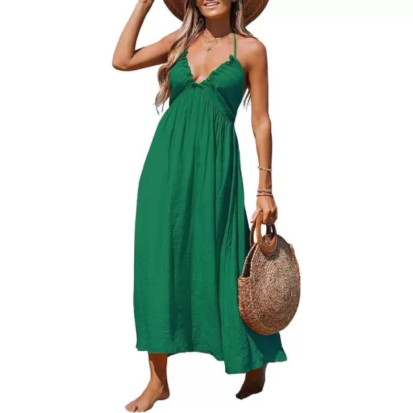 imageCUPSHE Women Summer Halter Smocked Maxi Dress Plunge Sleeveless Long Solid Fitted Waist Dress GreyGreen