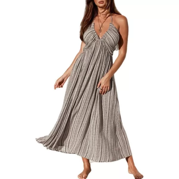 imageCUPSHE Women Summer Halter Smocked Maxi Dress Plunge Sleeveless Long Solid Fitted Waist Dress GreyGrey