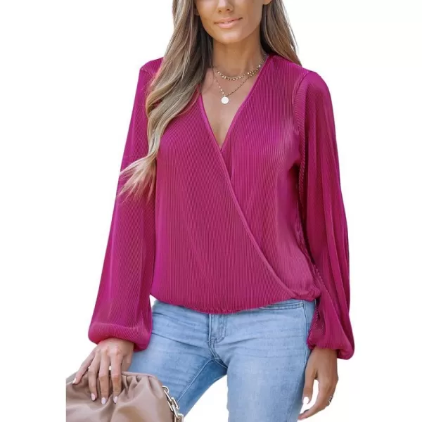 imageCUPSHE Women Surplice Neck Top Blouse with Long Peasant SleeveFuchsia