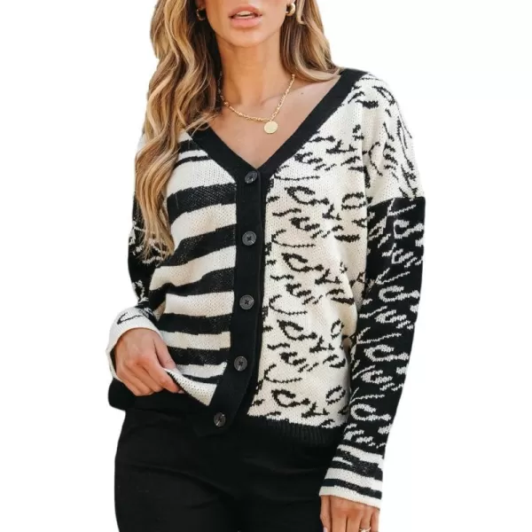 imageCUPSHE Women Sweater Cardigans Striped Leopard VNeck Ribbed Trim OpenFront Knit Dropped Long Sleeves Relaxed CoatLeopard