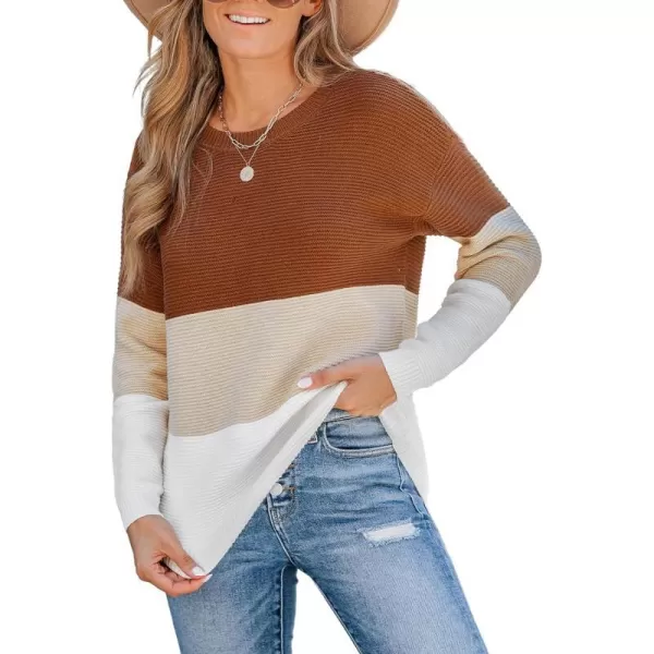 imageCUPSHE Women Sweater Colorblock Striped Rib Long Sleeve Round Neck PulloversBrown Stripe