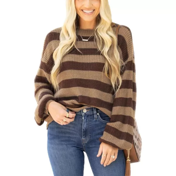 imageCUPSHE Women Sweater Cozy Striped Rib Long Sleeve Round Neck PulloversBrown Stripe