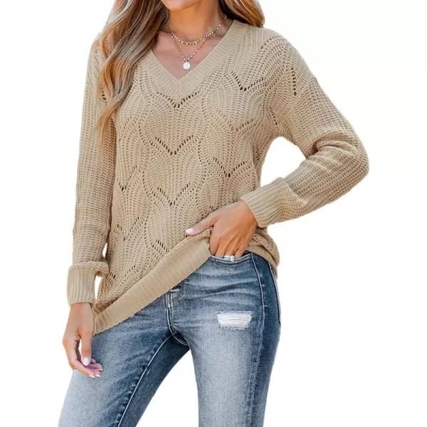 imageCUPSHE Women Sweater Crochet VNeck Tops Long Drop Sleeve Pullover CasualBrown