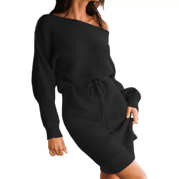 imageCUPSHE Women Sweater Dress Long Sleeve Pullover One Shoudler Drawstring Sweater DressBlack