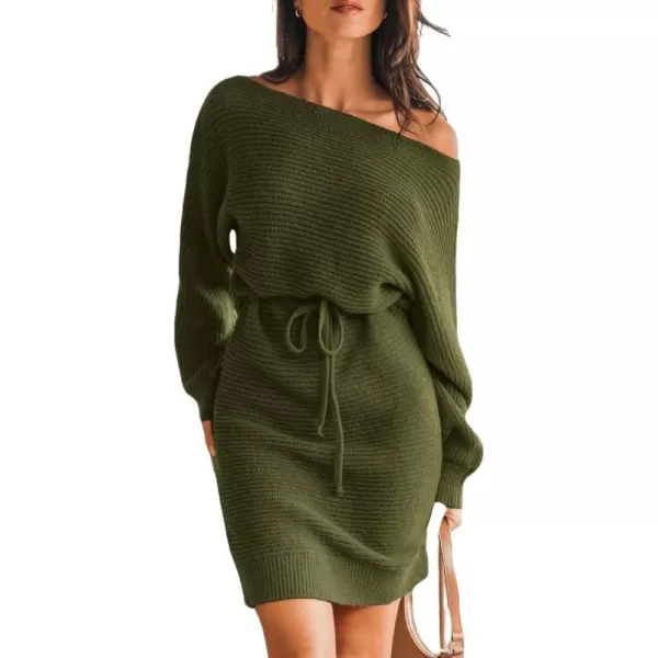 imageCUPSHE Women Sweater Dress Long Sleeve Pullover One Shoudler Drawstring Sweater DressOlive Green