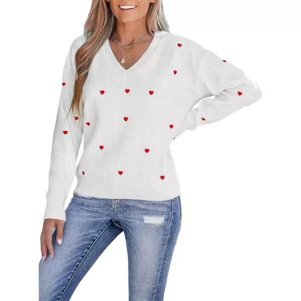 imageCUPSHE Women Sweater Embroidered Heart VNeck Dropped Long Sleeves Romantic Jumper TopsWhite