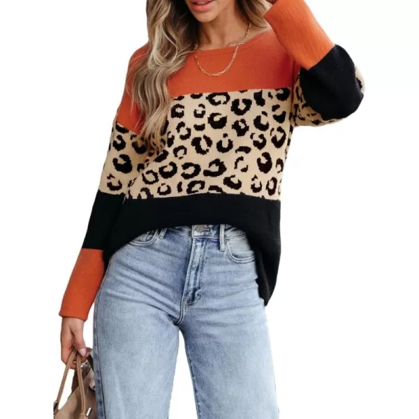 imageCUPSHE Women Sweater Long Sleeve Crewneck Leopard Color Block Knit Jumper TopsLeopard