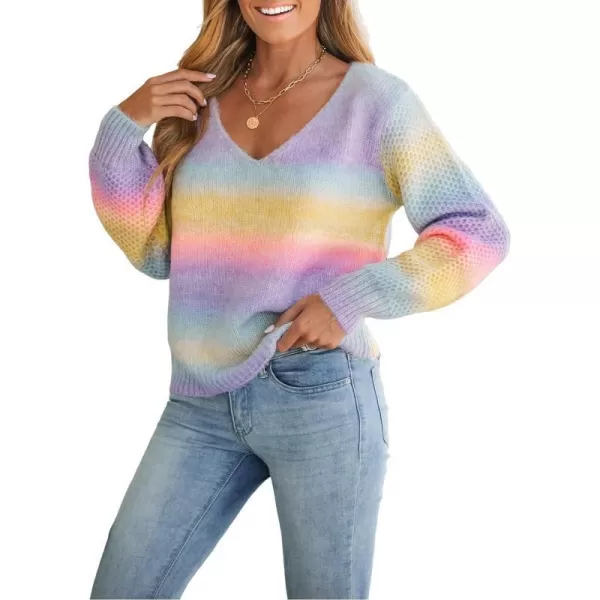 imageCUPSHE Women Sweater Ombre Rainbow VNeck Dropped Long Sleeves Stripes Jumper TopsOmbre Rainbow