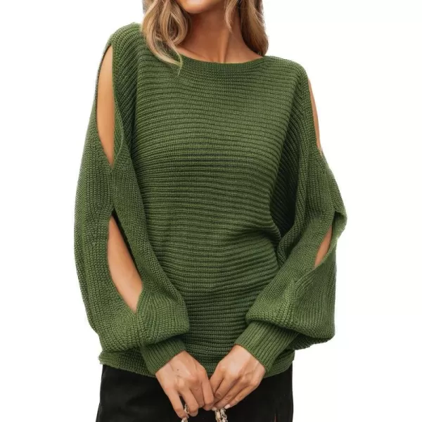 imageCUPSHE Women Sweater Round Neck Dropped Long Dolman Sleeves Ribbed Knit Jumper TopsGreen