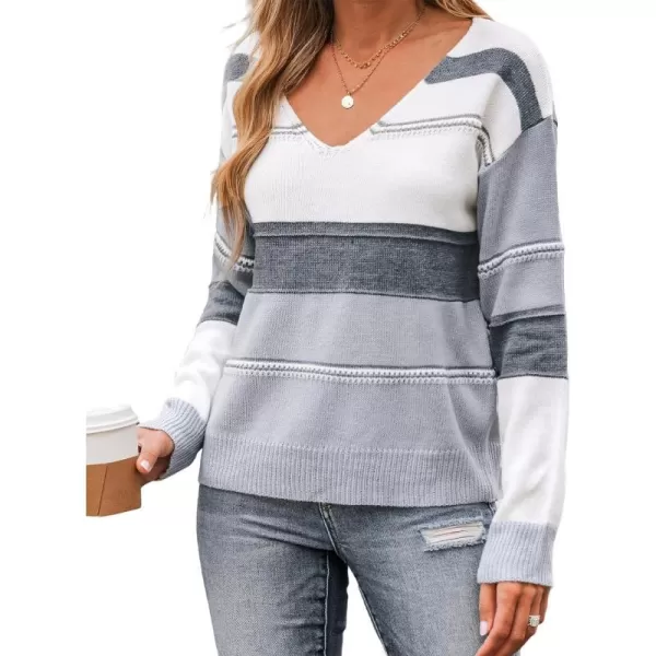 imageCUPSHE Women Sweater Striped Colorblock VNeck Tops Long Drop Sleeve Pullover CasualGrey