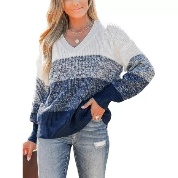 imageCUPSHE Women Sweater Striped VNeck Tops Long Drop Sleeve Pullover CasualBlue