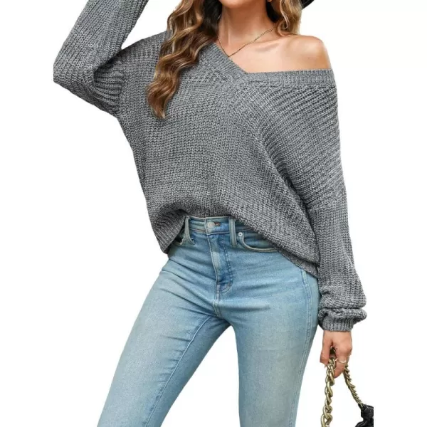 imageCUPSHE Women Sweater VNeck Dropped Long Sleeves Ribbed Chunky Knit Jumper TopsGrey