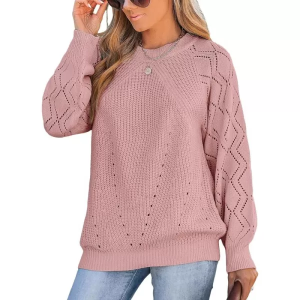imageCUPSHE Women Sweaters Crew Neck Long Sleeve Ribbed Pointelle Knit Cutouts TopsBlush Pink