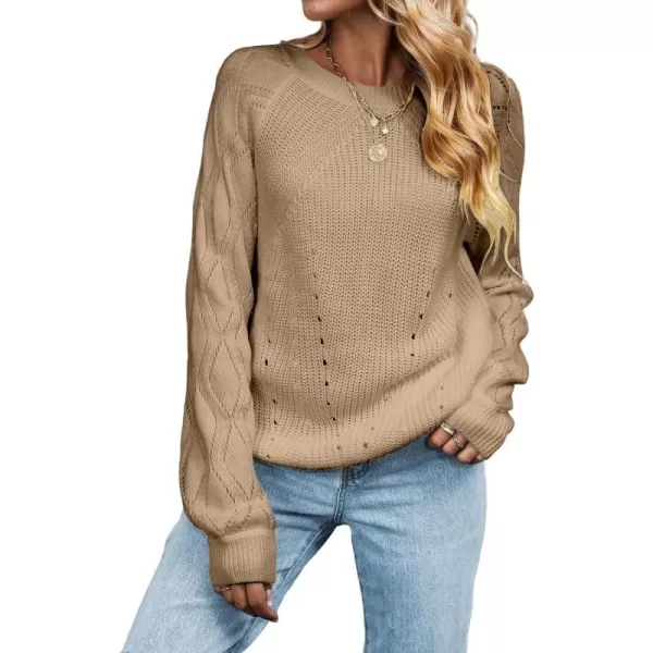 imageCUPSHE Women Sweaters Crew Neck Long Sleeve Ribbed Pointelle Knit Cutouts TopsKhaki