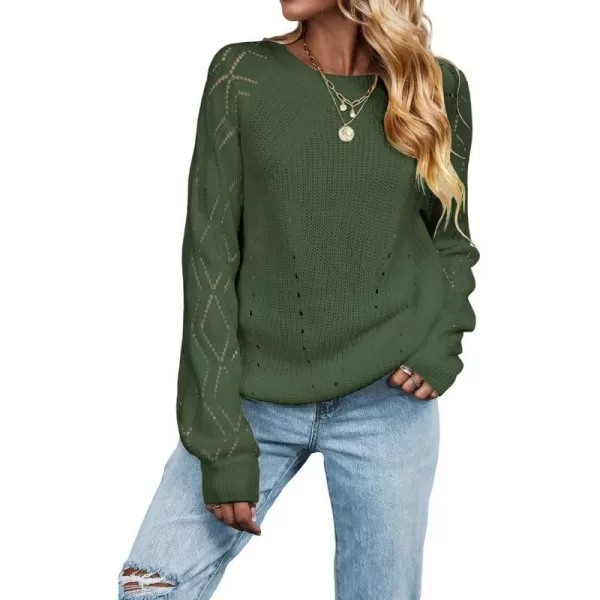 imageCUPSHE Women Sweaters Crew Neck Long Sleeve Ribbed Pointelle Knit Cutouts TopsOlive Green