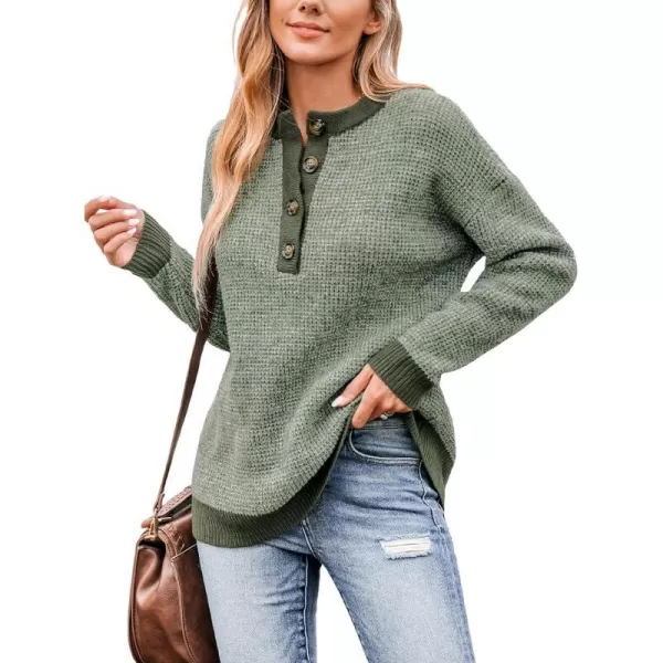 imageCUPSHE Women Sweaters HalfButton Long Round Neck Ribbed Marled Knit Jumper TopsGreen