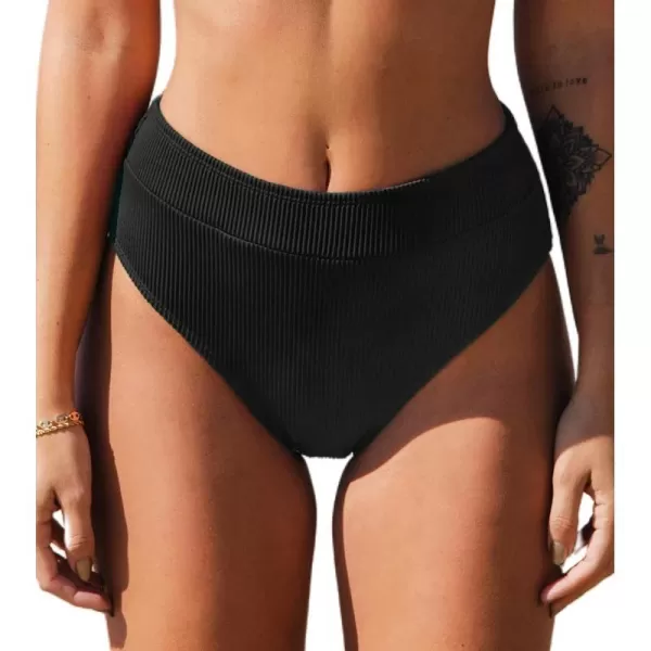 imageCUPSHE Women Swimsuit Bikini Bottom High Waisted Ribbed Textured Full Coverage Bathing SuitBlack