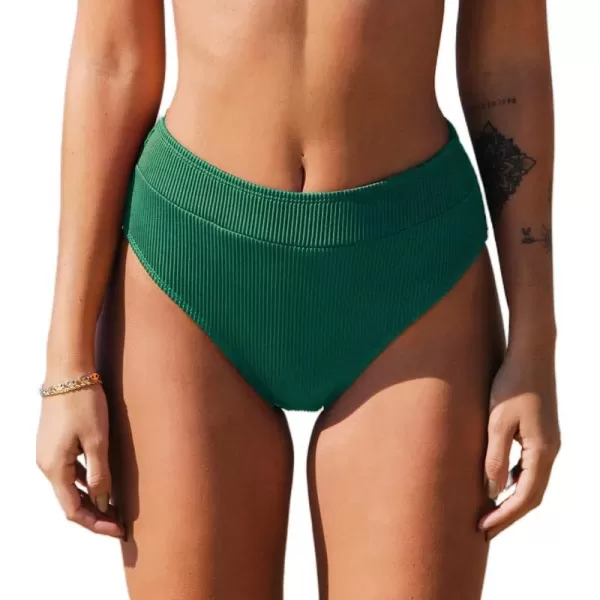 imageCUPSHE Women Swimsuit Bikini Bottom High Waisted Ribbed Textured Full Coverage Bathing SuitDark Green