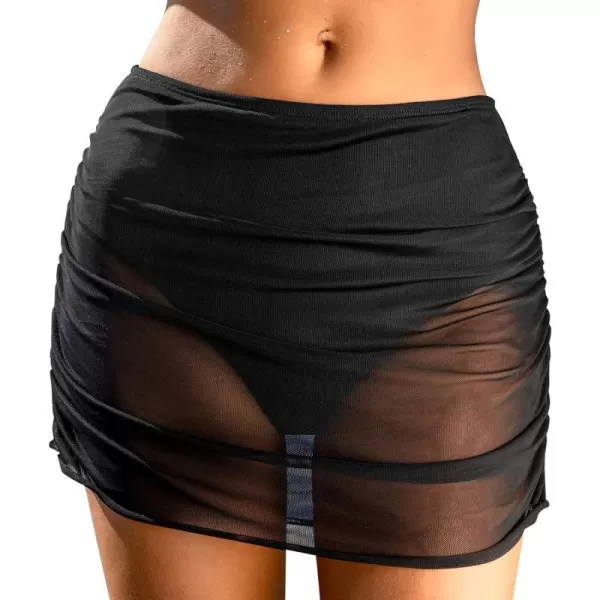 imageCUPSHE Women Swimsuit Bikini Bottom Mesh Mid Rise Full Coverage Ruched Bathing SuitBlack