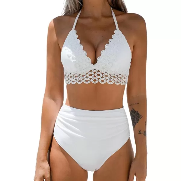 imageCUPSHE Women Swimsuit Bikini Set High Waisted Ribbed Textured Halter Tie Back Bathing SuitWhite