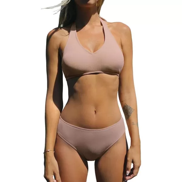 imageCUPSHE Women Swimsuit Bikini Set Ribbed Halter Two Piece Bathing Suit with Standard CoverageDusty Pink