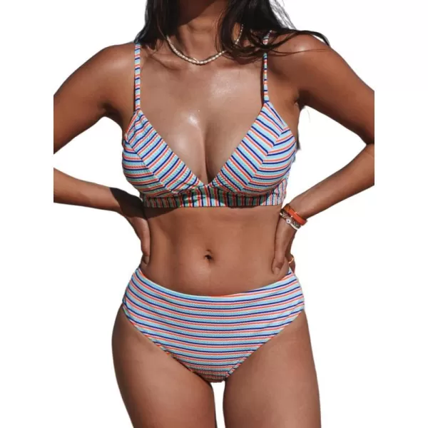 imageCUPSHE Women Swimsuit Bikini Set Striped Mid Rise Two Piece Bathing Suit with Standard CoverageOrange  Blue  Pale Turquoise