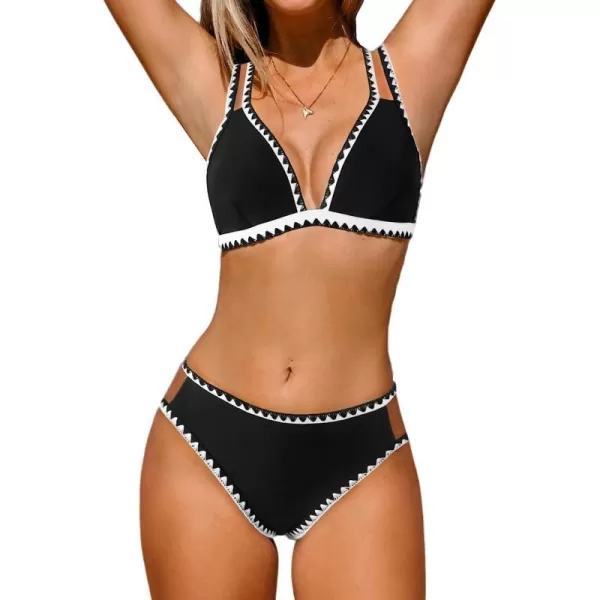 imageCUPSHE Women Swimsuit Bikini Set Triangle Top Mid Rise Cutout Two Piece Bathing Suit with Shell Stitch BandBlack