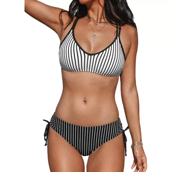 imageCUPSHE Women Swimsuit Bikini Set Two Piece Bathing Suit Criss Cross Back Strappy Side with Double Spaghetti StrapsBlackWhite