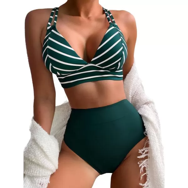 imageCUPSHE Women Swimsuit Bikini Set Two Piece High Waisted Double Straps Crisscross Self Tie Back Striped Bathing SuitDark Green