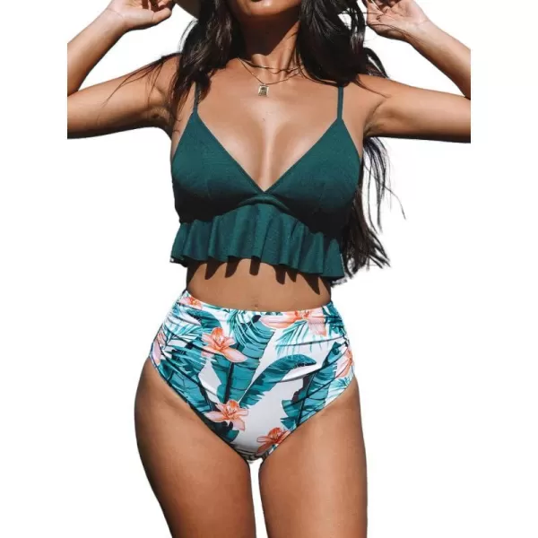 imageCUPSHE Women Swimsuit Bikini Set Two Piece High Waisted Flowy Ruffle Hem Ruched Tummy Control BottomGreen