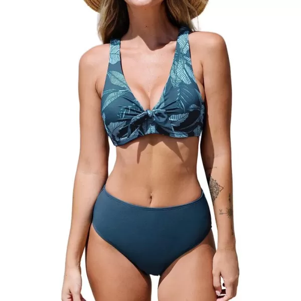 imageCUPSHE Women Swimsuit Bikini Set Two Piece Knotted Crisscross Self Tie Tropical Bathing SuitDark Blue  Tropical