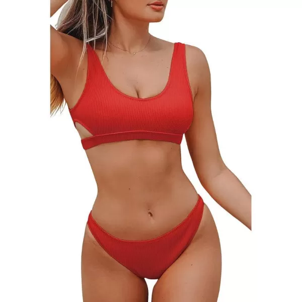 imageCUPSHE Women Swimsuit Bikini Set Two Piece Ribbed Texture Side Cutout Tank Top Mid Rise Bathing SuitBright Red