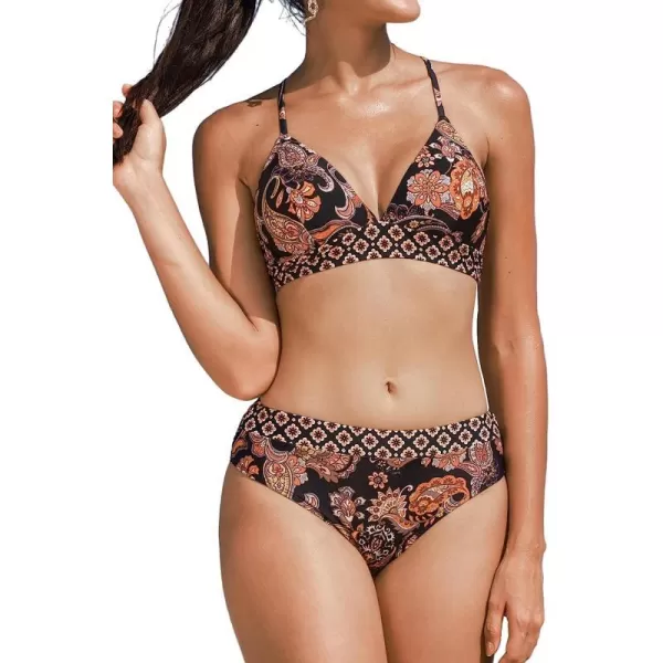imageCUPSHE Women Swimsuit Bikini Set V Neck Crisscross Back Mid Rise Paisley Two Piece Bathing SuitBlack  Paisley