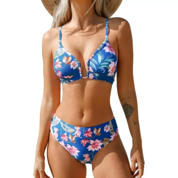 imageCUPSHE Women Swimsuit Bikini Sets Criss Cross Back Tie Mid Rise Ruched Retro Floral Bathing SuitBlue  Floral