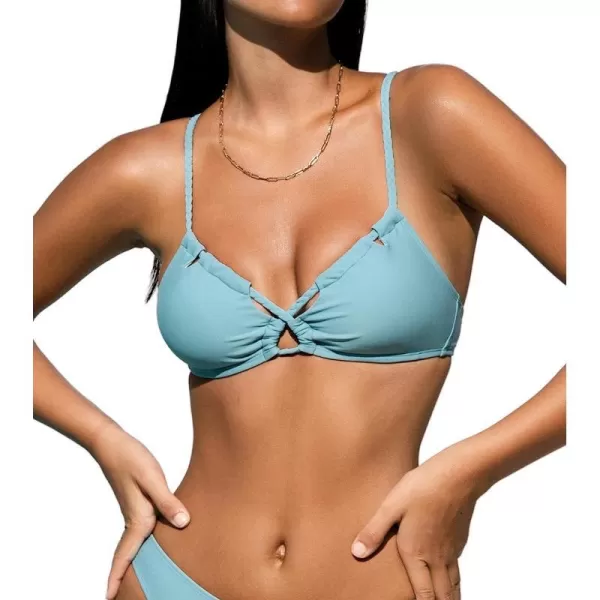 imageCUPSHE Women Swimsuit Bikini Top Braided Drawstring Self Tie Crisscross V Neck Bathing SuitLight Blue