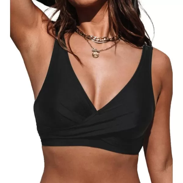 imageCUPSHE Women Swimsuit Bikini Top Wrap Self Tie Bathing Suit with Fixed Wide StrapsBlack