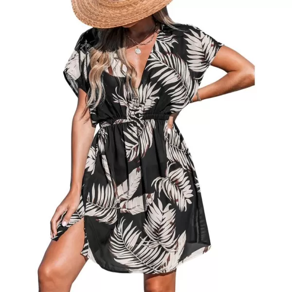 imageCUPSHE Women Swimsuit Coverup Casual V Neck Dress Short Sleeve Elastic Waist Cover Up Dresses 2024 BeachwearBrown Leaf