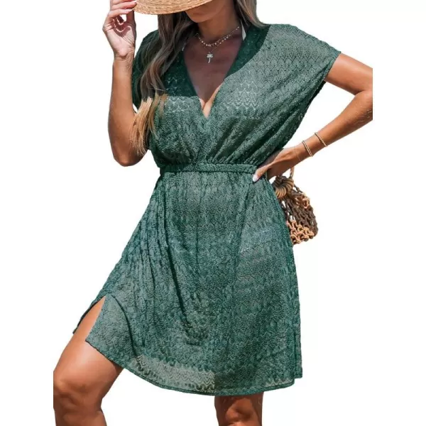 imageCUPSHE Women Swimsuit Coverup Casual V Neck Dress Short Sleeve Elastic Waist Cover Up Dresses 2024 BeachwearCyan