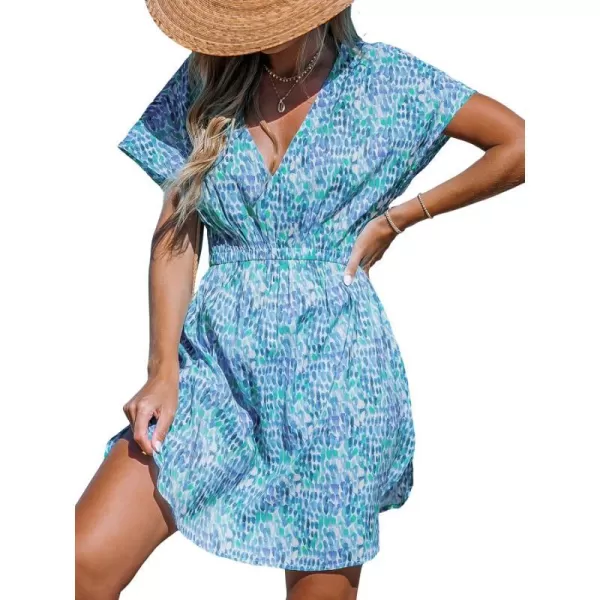 imageCUPSHE Women Swimsuit Coverup Casual V Neck Dress Short Sleeve Elastic Waist Cover Up Dresses 2024 BeachwearGreen Dot