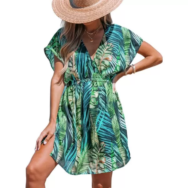 imageCUPSHE Women Swimsuit Coverup Casual V Neck Dress Short Sleeve Elastic Waist Cover Up Dresses 2024 BeachwearGreen Leaf