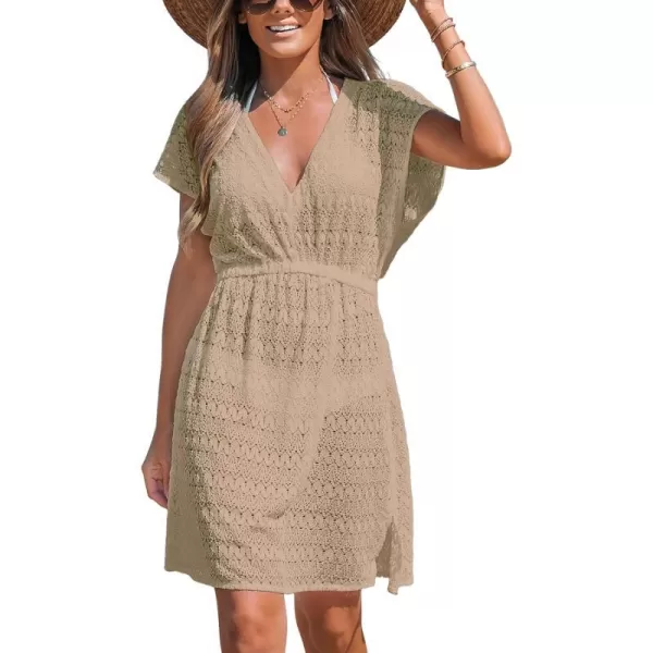 imageCUPSHE Women Swimsuit Coverup Casual V Neck Dress Short Sleeve Elastic Waist Cover Up Dresses 2024 BeachwearKhaki