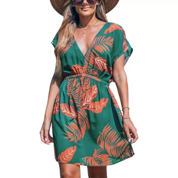 imageCUPSHE Women Swimsuit Coverup Casual V Neck Dress Short Sleeve Elastic Waist Cover Up Dresses 2024 BeachwearOrange Leaf