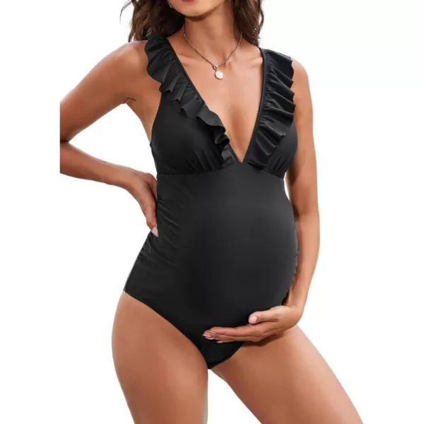 imageCUPSHE Women Swimsuit Maternity One Piece Bathing Suit Deep V Neck Ruffle Back Tie Ruching Adjustable Straps SwimwearBlack